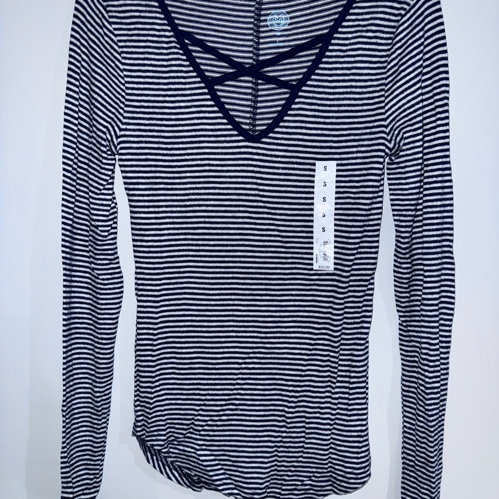 SO Black and White Striped Crisscross V-Neck Long Sleeve Top